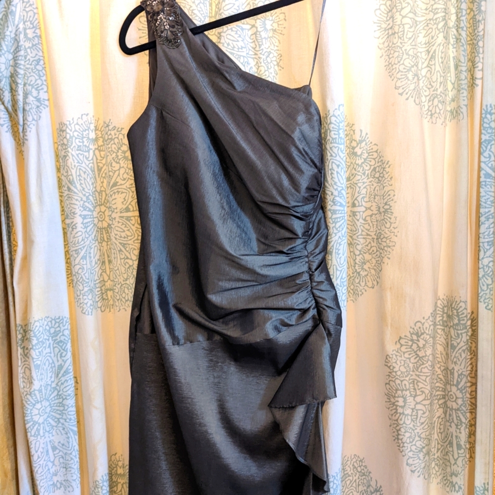 Special occasion beaded dress, shimmery silver rutched one shoulder sleeveless.